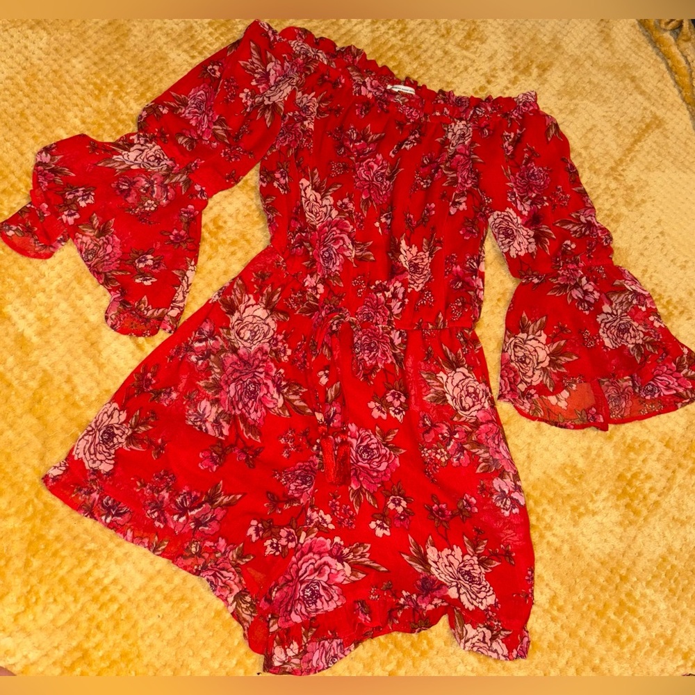American Eagle Outfitters Red Floral Off-Shoulder Romper